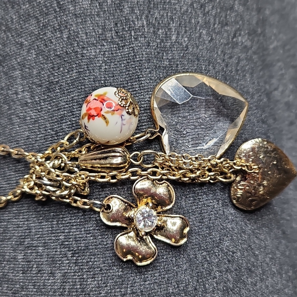 Chic Goldtone Hearts & FlowersCharm Necklace - Picture 2 of 5